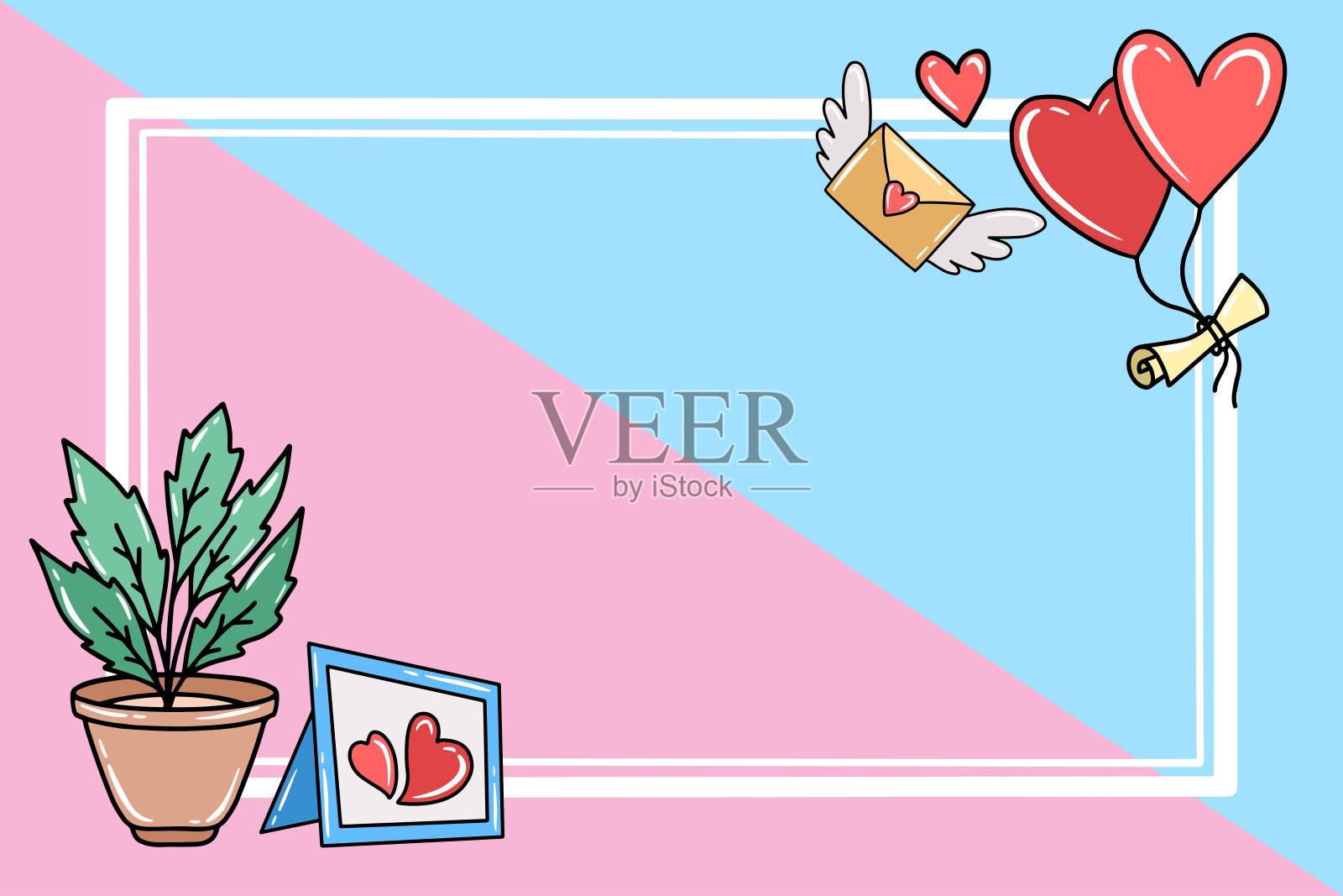 情人节背景与框架装饰。情人节背景装饰插图。情人节框架背景插图。框架背景情人节装饰插画图片素材