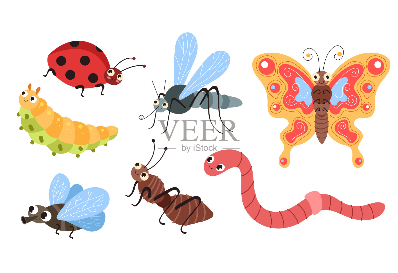 甲虫昆虫毛虫蠕虫蚂蚁蜘蛛蝴蝶蚊子蜜蜂隔离集。矢量平面现代风格平面设计卡通插图插画图片素材