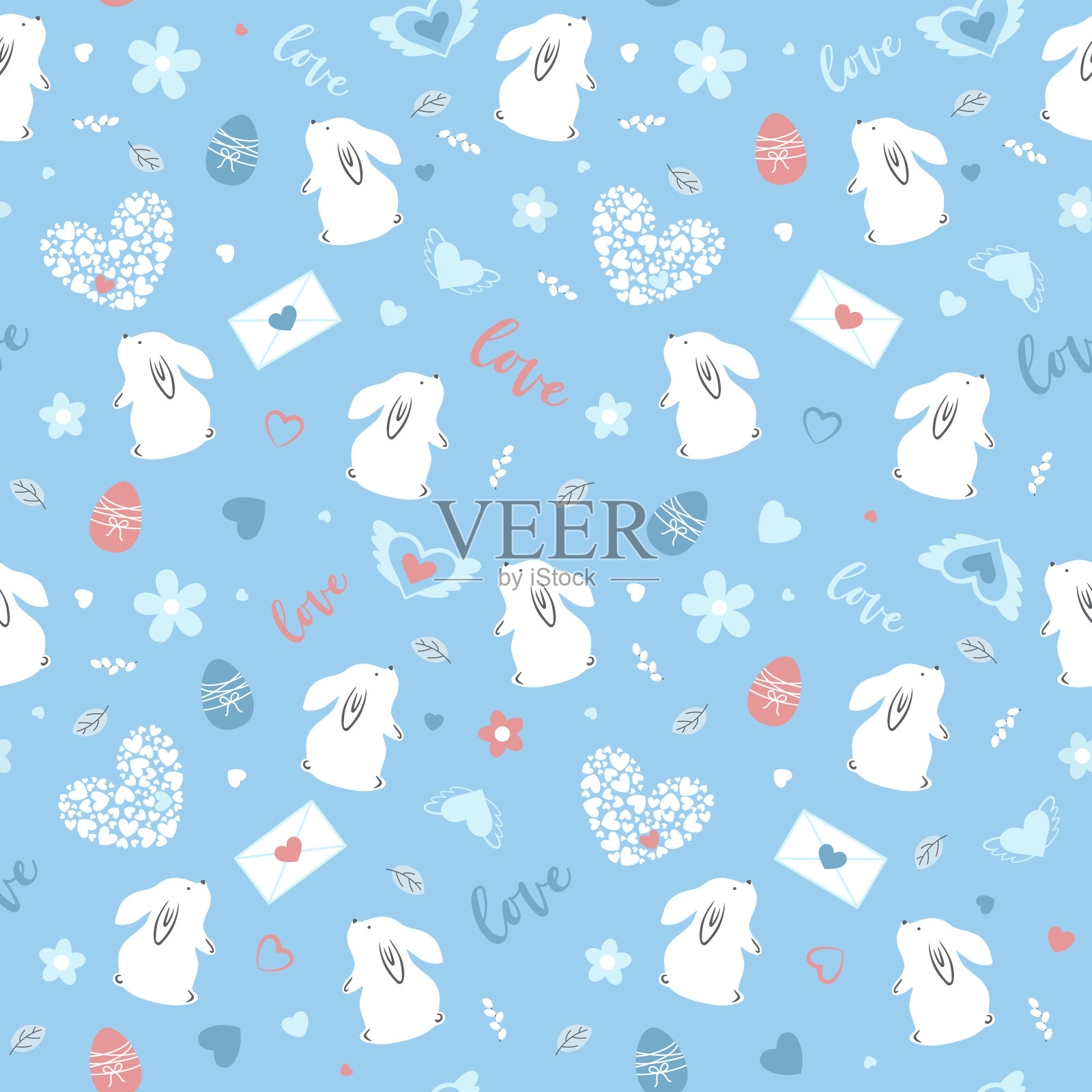 矢量无缝图案与花，蛋，兔子和复活节的心。插画图片素材