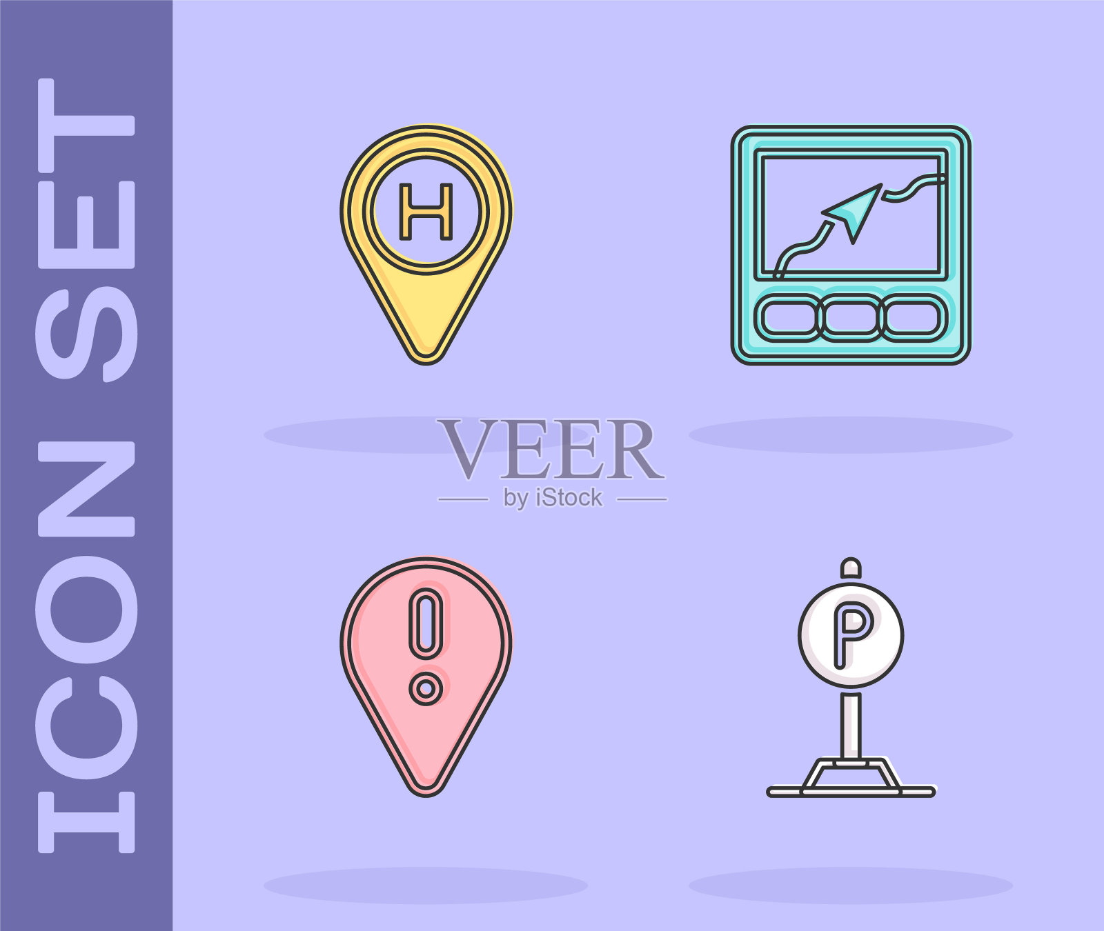 设置停车场，直升机着陆垫，感叹号和Gps设备地图图标的位置。向量插画图片素材