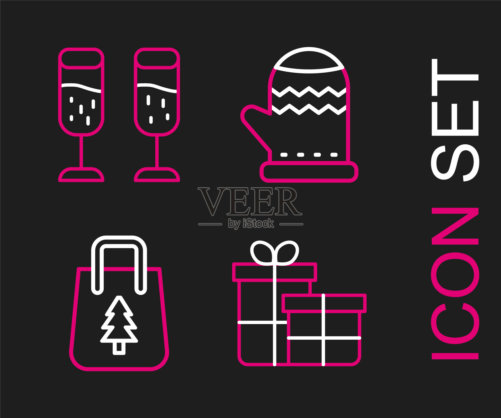 设线礼品盒，圣诞购物袋，手套和香槟图标的玻璃杯。向量插画图片素材