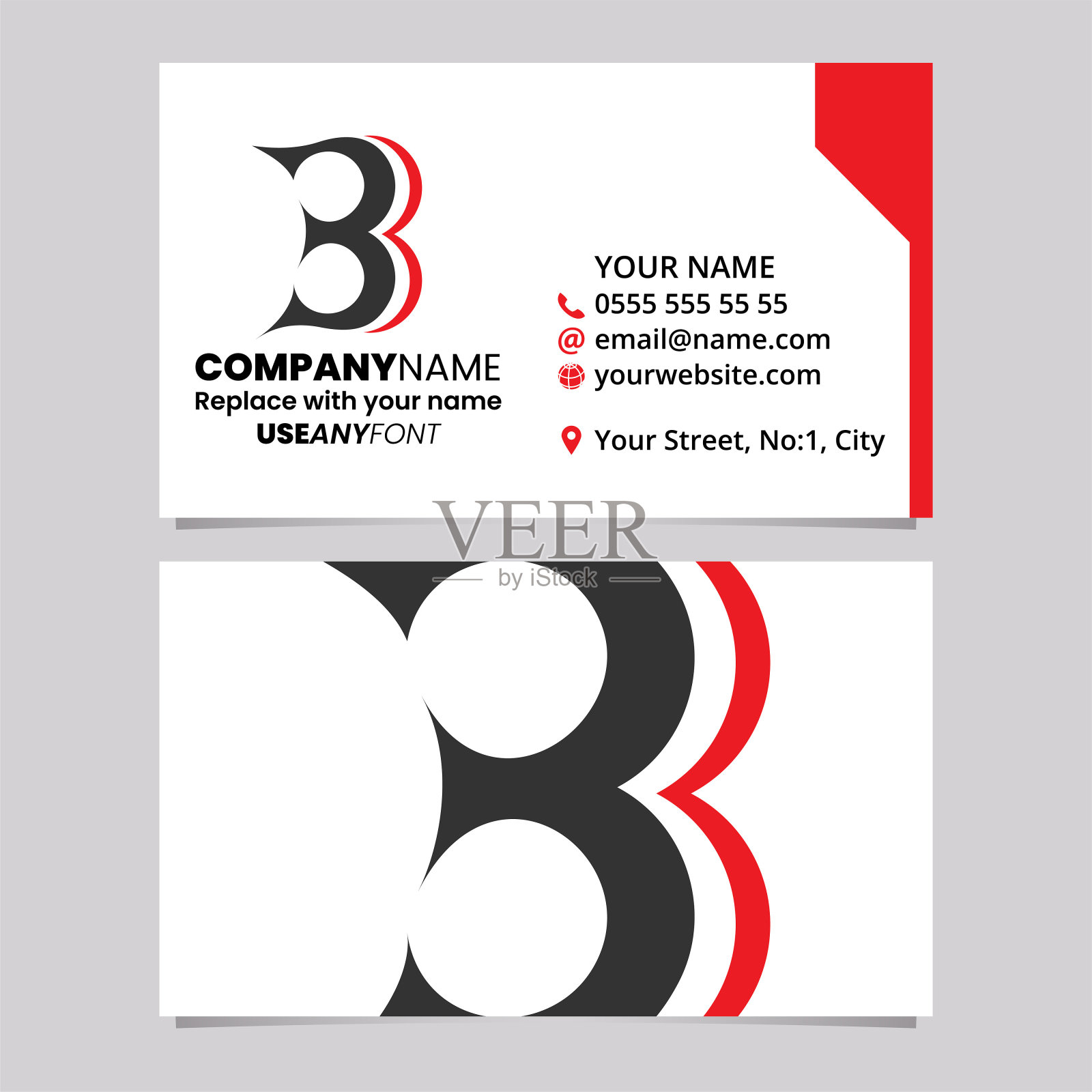 红色和黑色名片模板与数字3形字母B图标插画图片素材