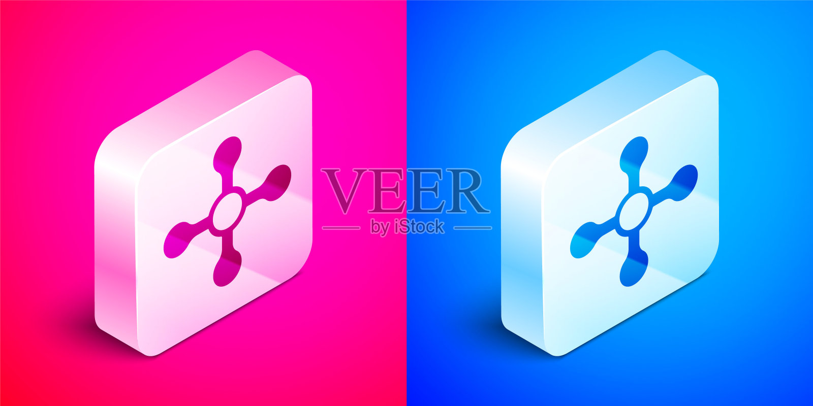 等距自来水图标隔离在粉红色和蓝色的背景。银色方形按钮。向量插画图片素材