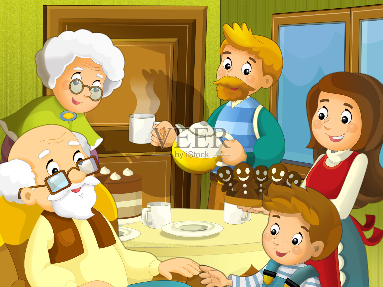 卡通场景与幸福的家庭在餐厅坐在一起，并为孩子们有趣的插图插画图片素材