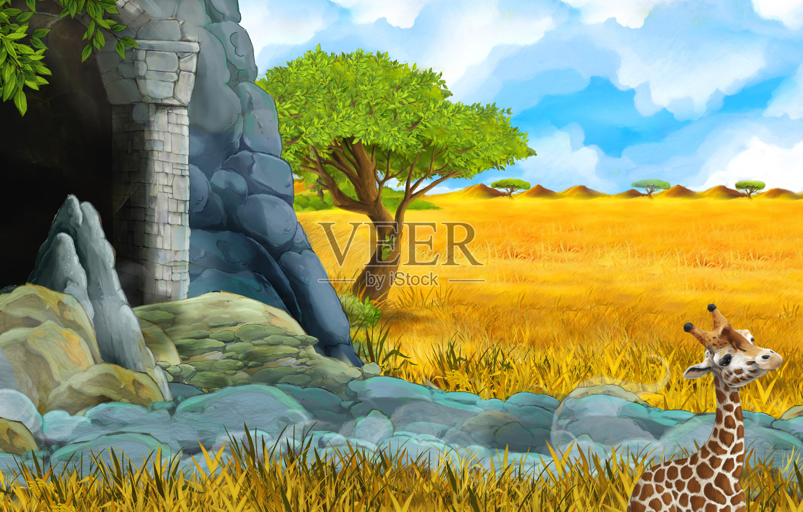 卡通野生动物狩猎场景与狮子和长颈鹿插图的孩子插画图片素材