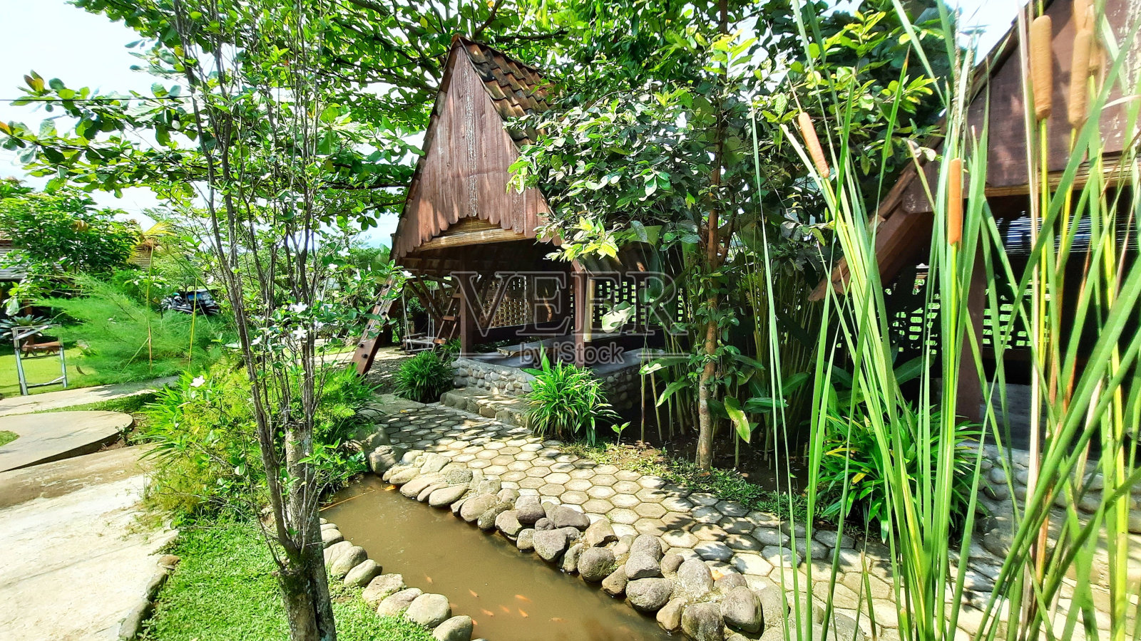 花园景观与露台，绿色植物，小池，水泥步道行人。乡村自然风光。花园的设计。照片摄影图片