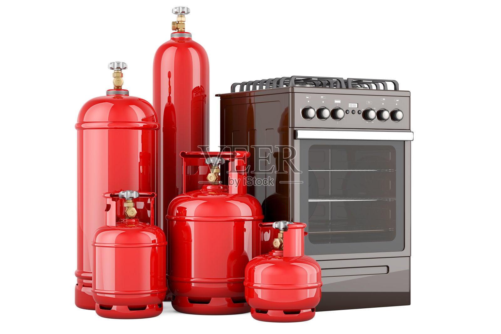 带燃气灶的丙烷气瓶。燃气输送服务，概念。三维渲染照片摄影图片