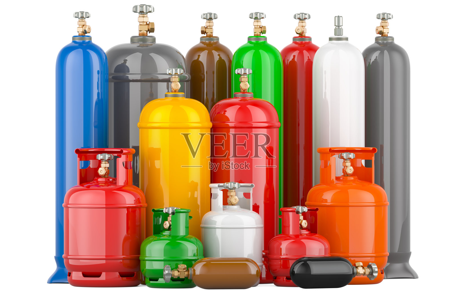 成套不同工业液化气钢瓶，3D渲染照片摄影图片