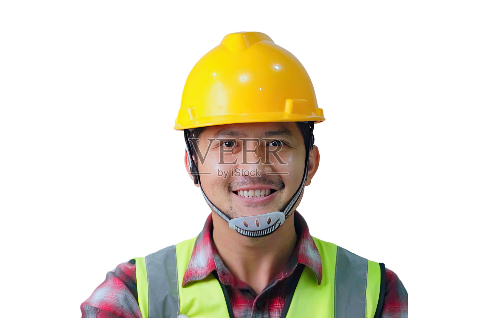 一位戴着黄色安全帽的工人在微笑。白色背景上的隔离。照片摄影图片