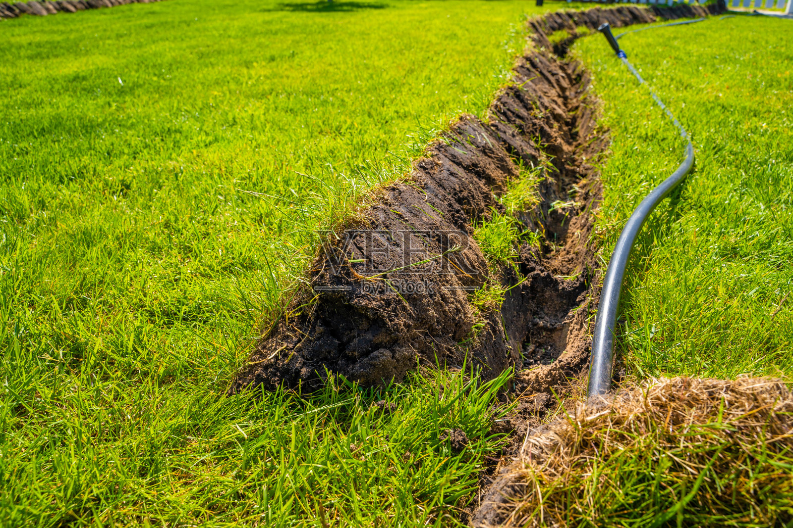 在草坪上挖的沟渠，用于铺设管道和安装灌溉设备。绿色草坪和草根系统下的土壤照片摄影图片