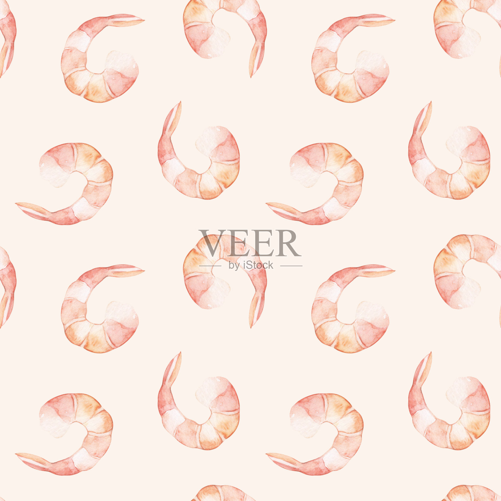 水彩无缝图案与粉红色的虾。海鲜的背景。手绘插画图片素材