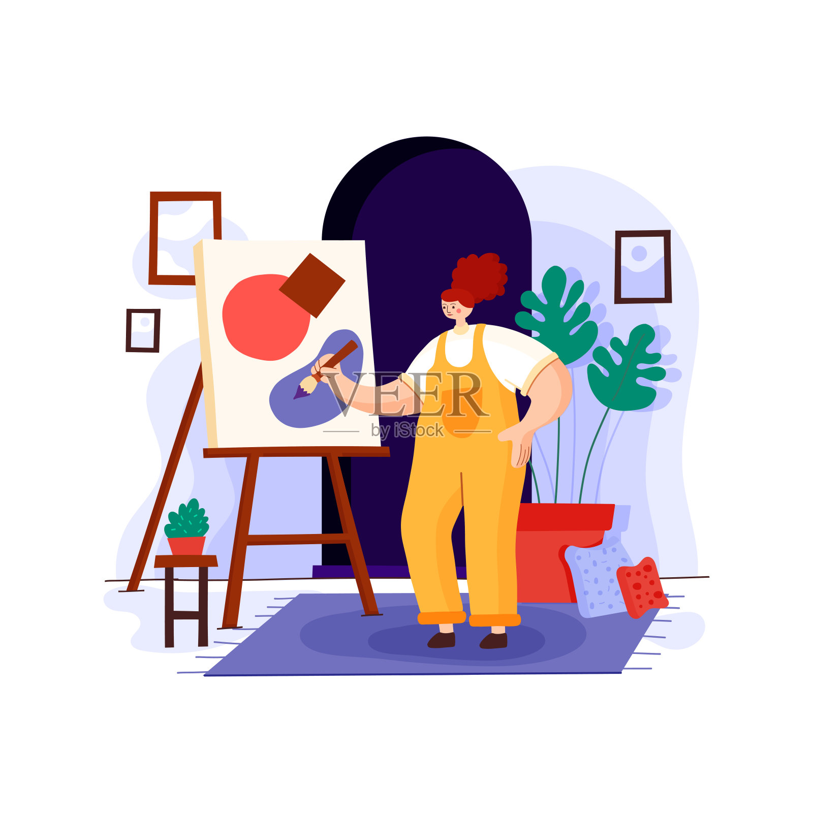 家庭画布创作:拥抱艺术表达的年轻女性插画图片素材