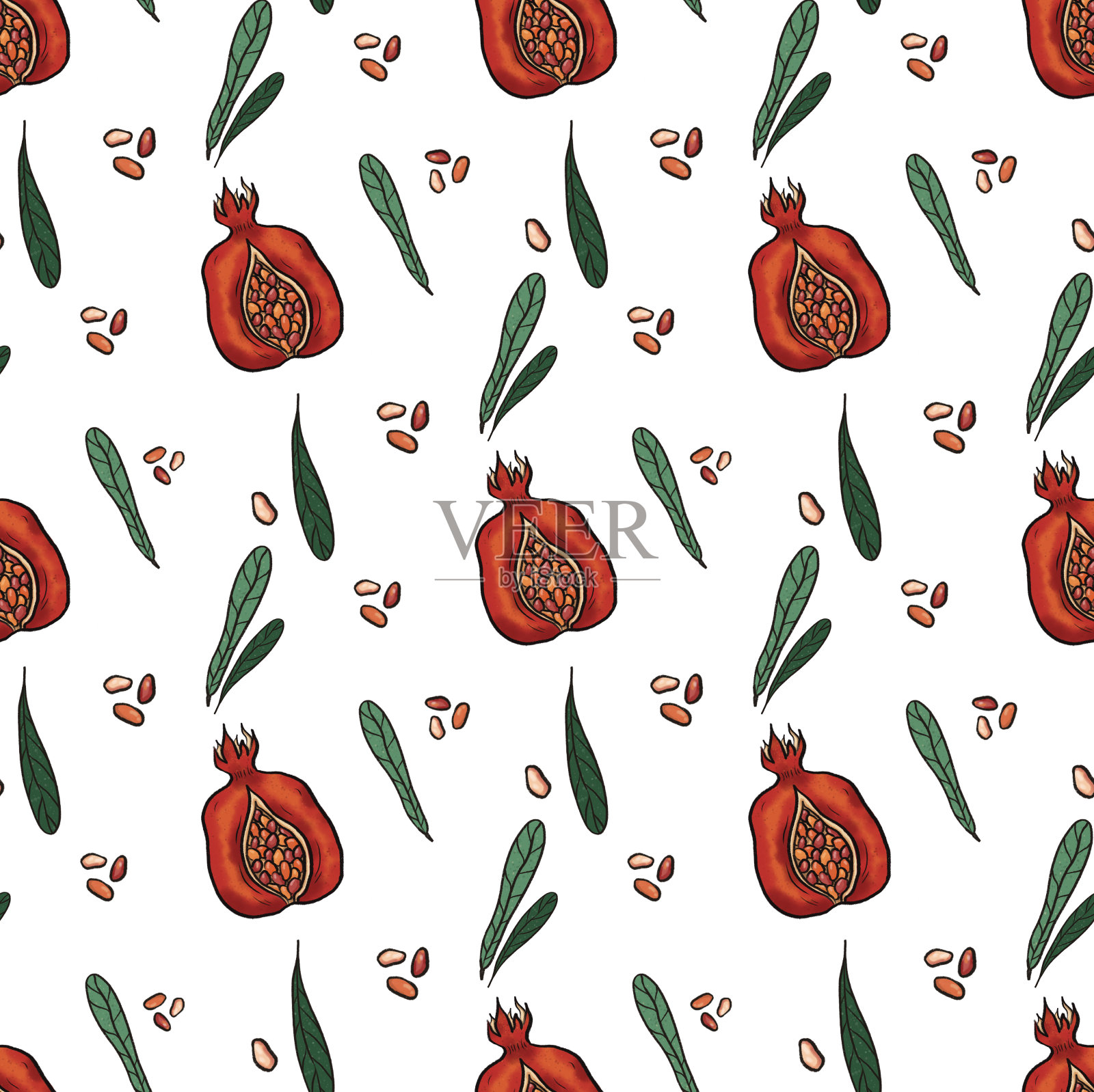 石榴的果实花纹多，叶和籽大插画图片素材