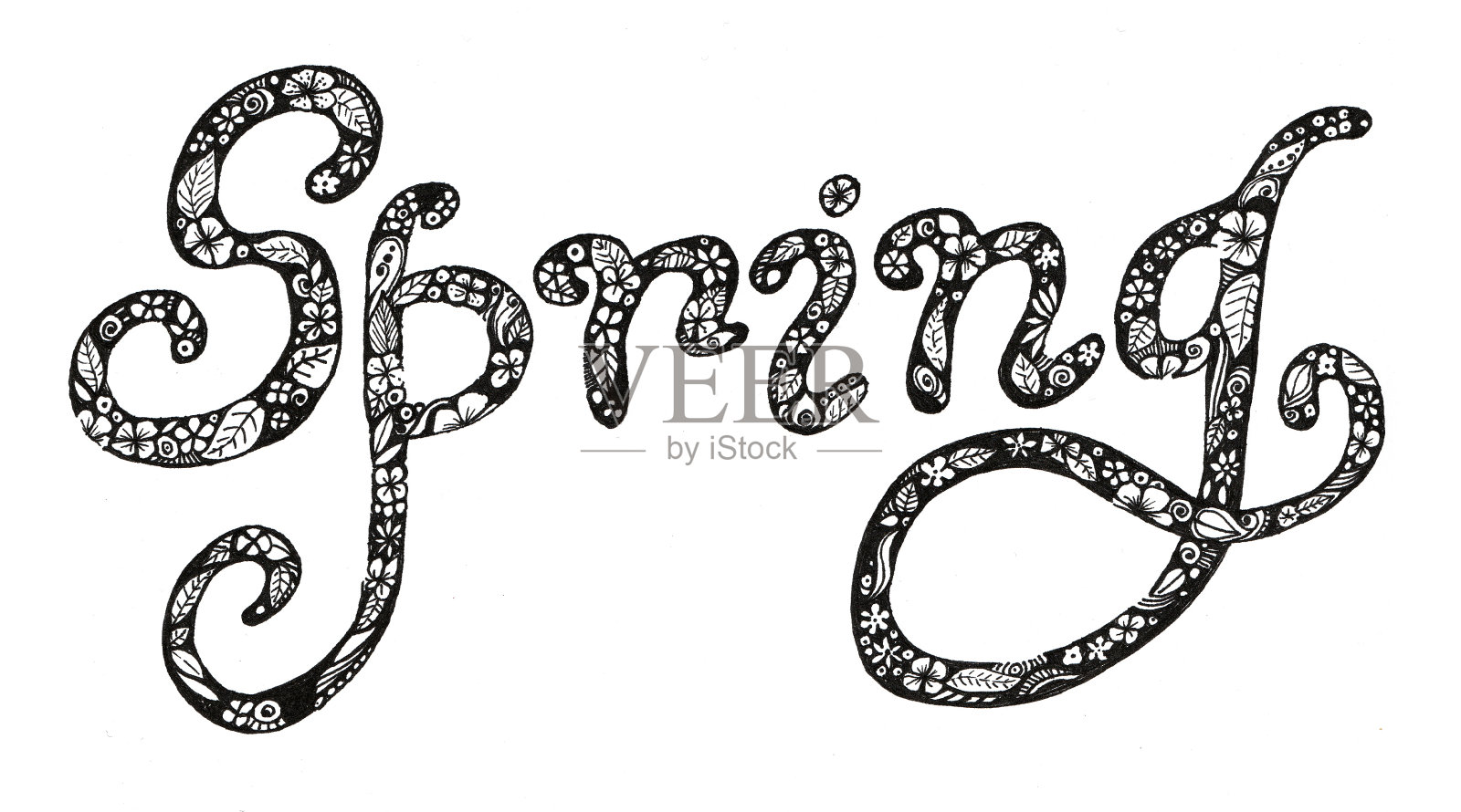 白色背景上黑色轮廓的字母春。花卉装饰。插画图片素材
