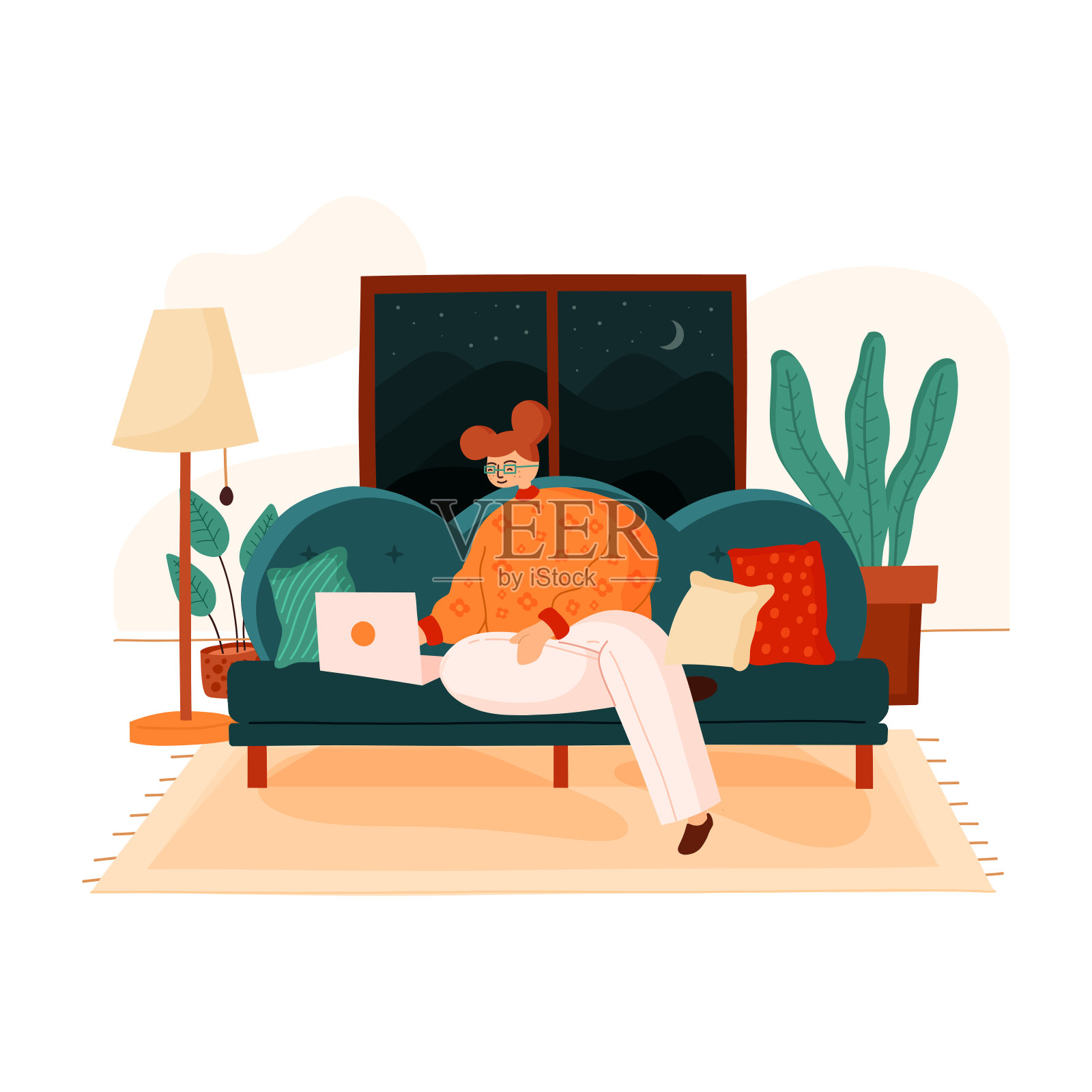 在家工作和谐:女人在客厅工作空间插画图片素材