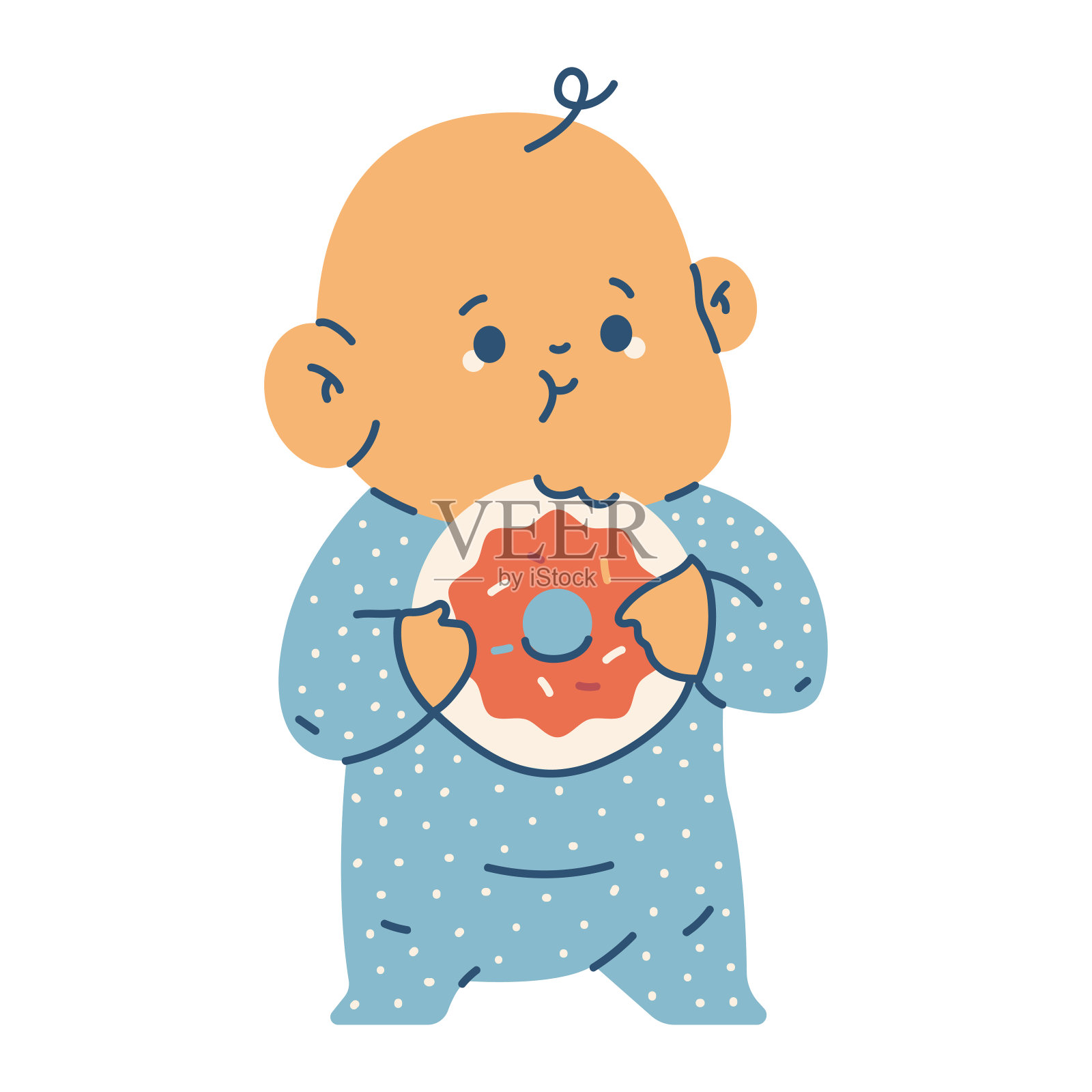 可爱的男婴吃甜甜圈矢量卡通人物插图孤立在一个白色的背景。插画图片素材