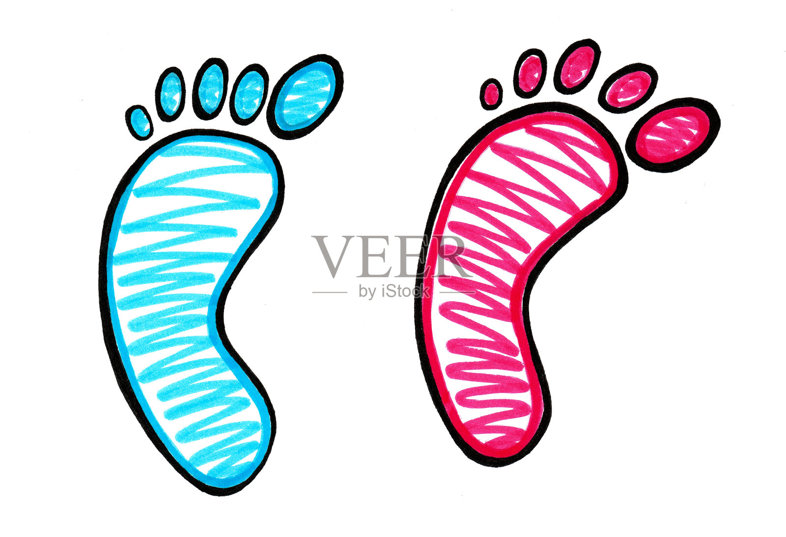 脚脚孤立在白色背景上。黑色的轮廓，充满了蓝色和粉红色的触摸。插画图片素材