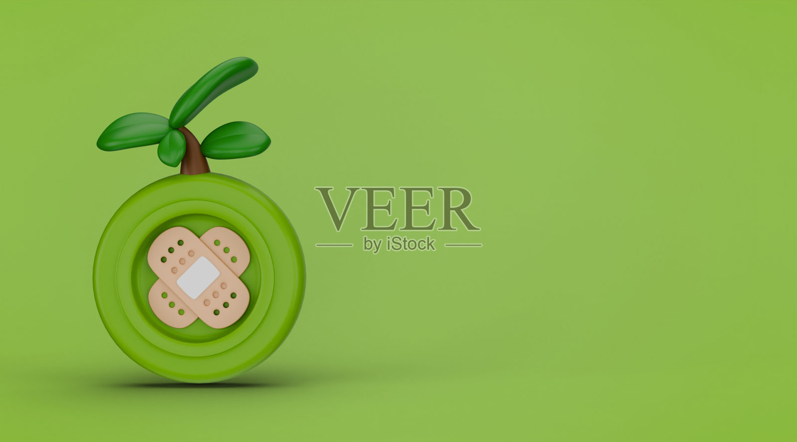 3d自然护理符号与绷带。3d渲染插图孤立的绿色背景与复制空间和可持续发展的主题。照片摄影图片