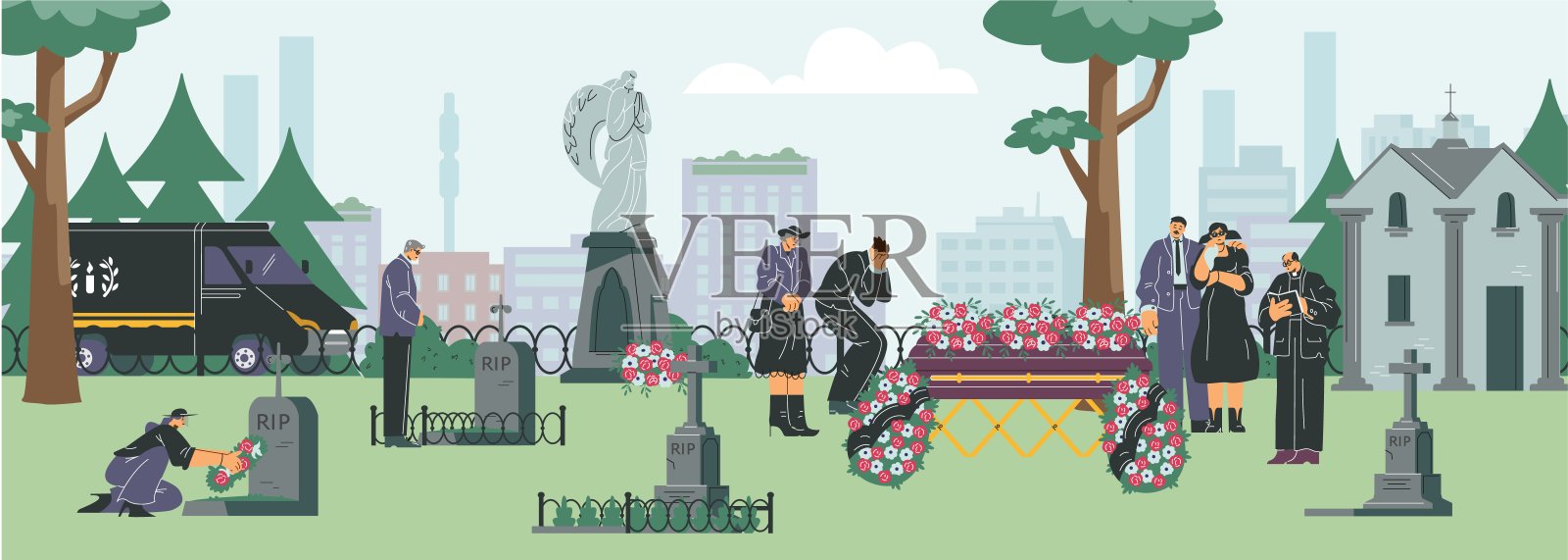 葬礼，人在墓地，卡通风格矢量插图。插画图片素材