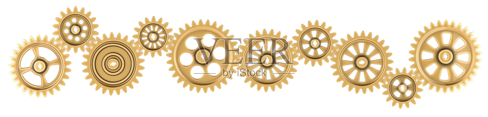 金色齿轮和齿轮机构，顶视图。抽象技术背景，3D渲染照片摄影图片