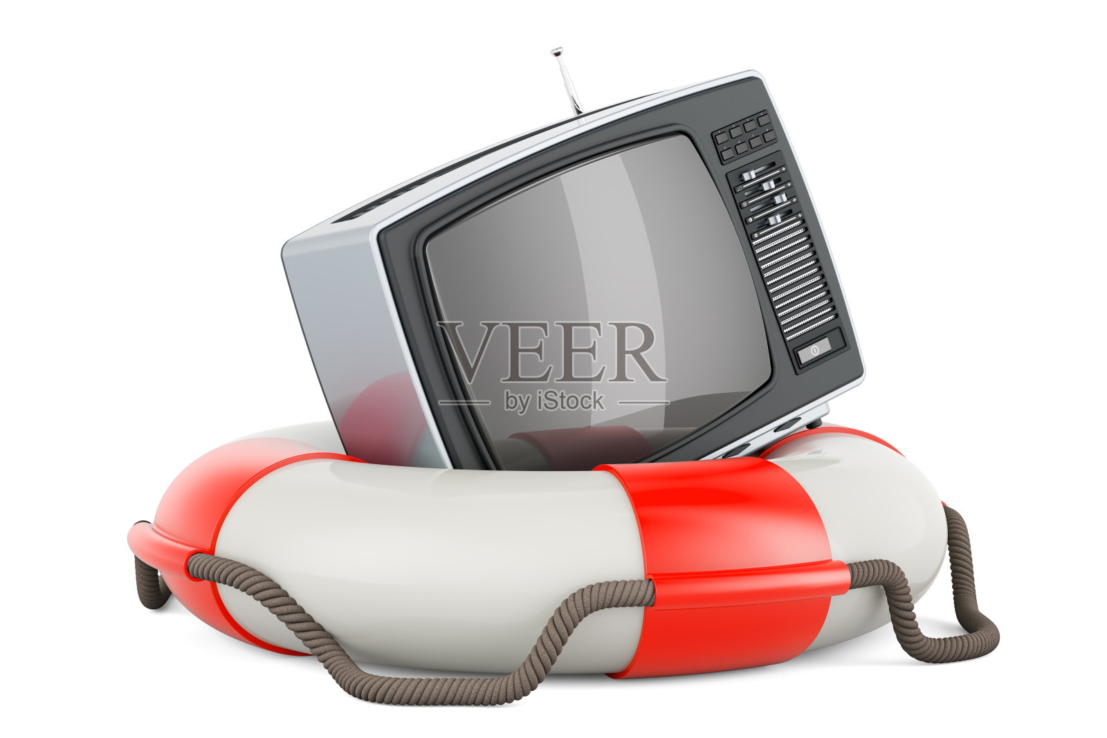 带救生带的复古电视机。三维渲染照片摄影图片
