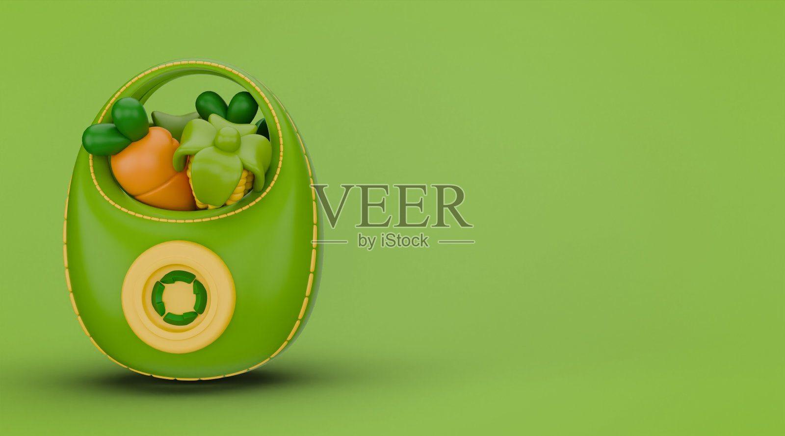 3d绿色蔬菜回收袋。3d渲染插图孤立的绿色背景与复制空间和可持续发展的主题。照片摄影图片