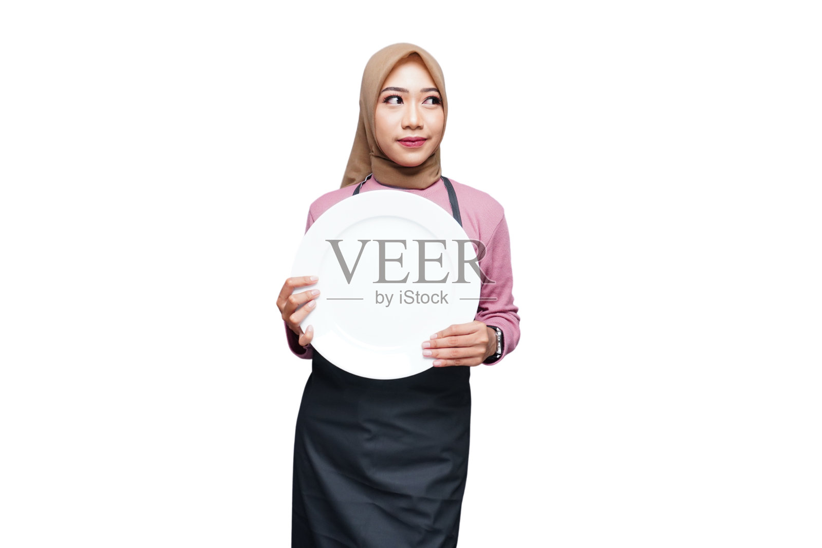 戴头巾的穆斯林女厨师被隔离在白色背景下照片摄影图片