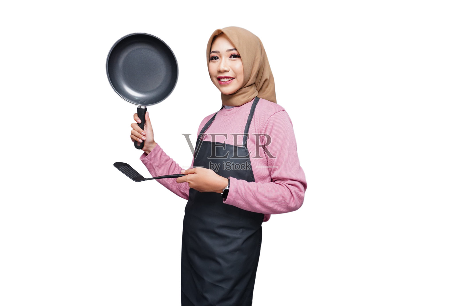 戴头巾的穆斯林女厨师被隔离在白色背景下照片摄影图片