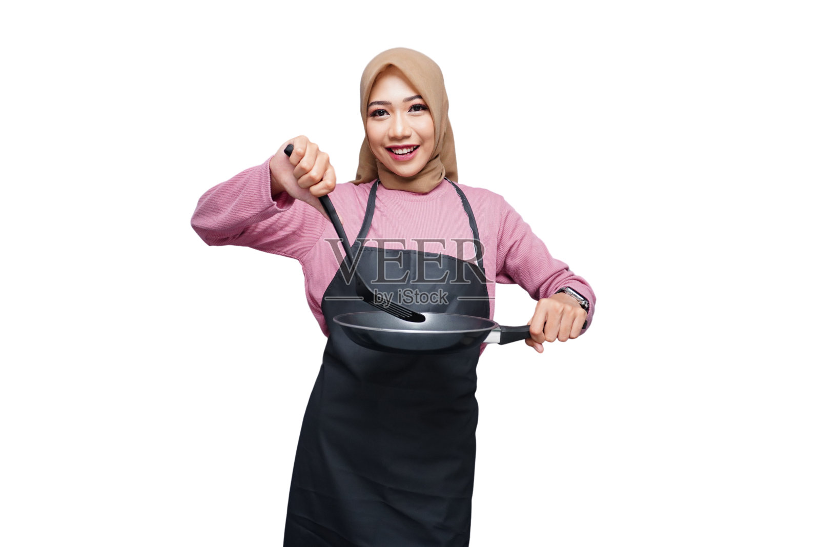 戴头巾的穆斯林女厨师被隔离在白色背景下照片摄影图片