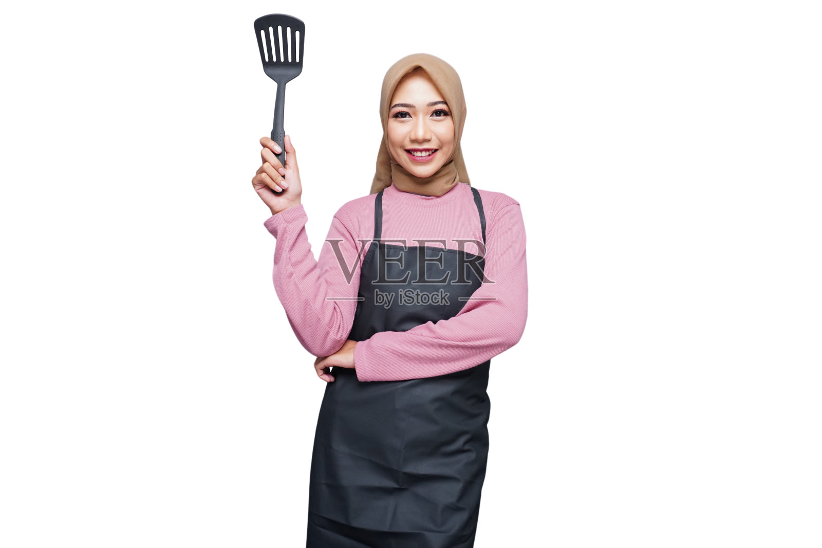 戴头巾的穆斯林女厨师被隔离在白色背景下照片摄影图片