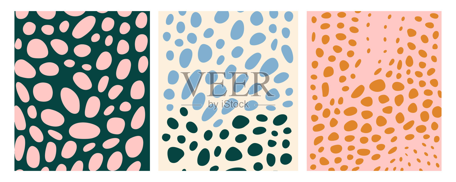 抽象的背景图案，3种设计，在圆形，极简主义画布，触觉画布，俏皮的抽象，点彩艺术作品，平面形状，手工设计的风格插画图片素材