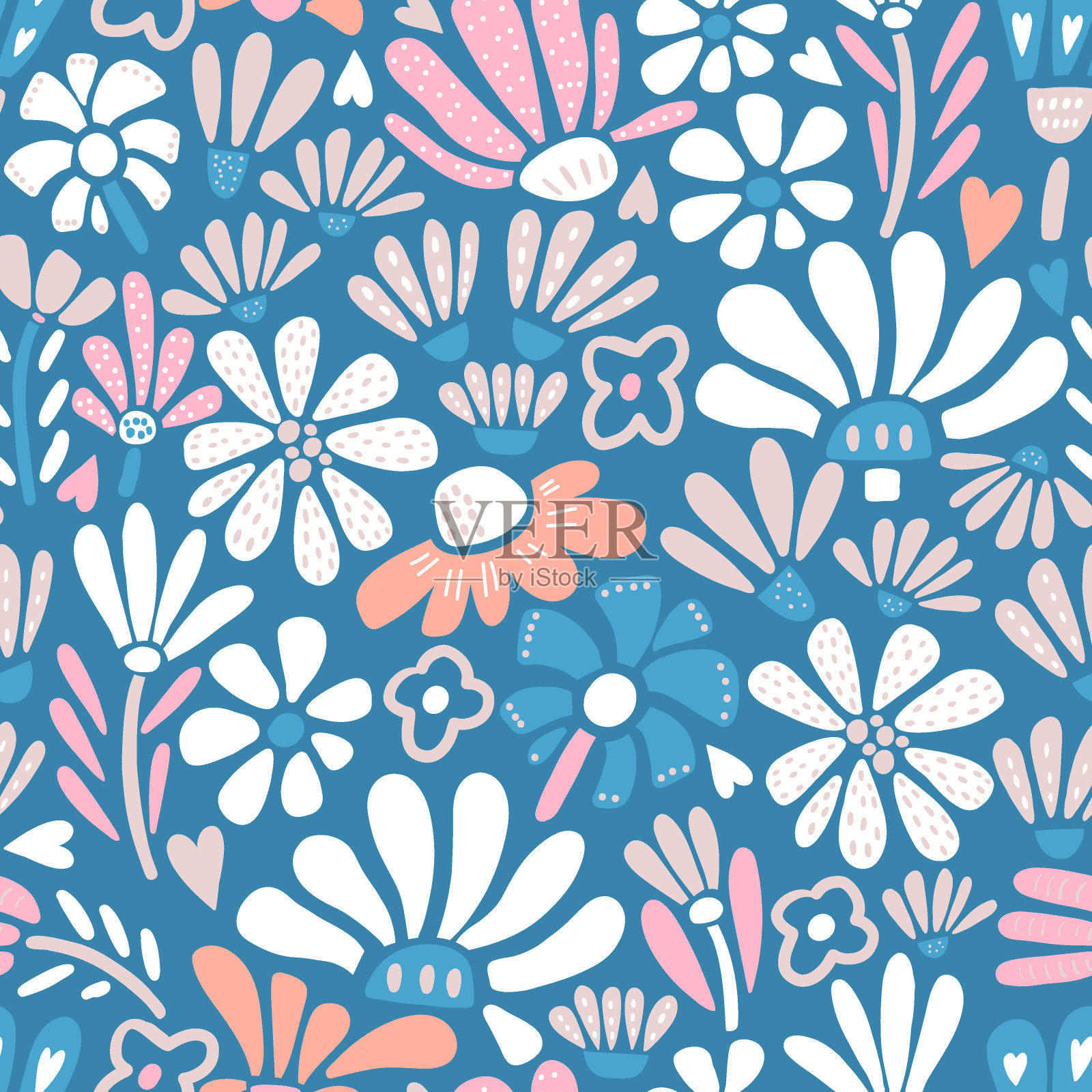 粉彩无缝花卉图案设计。详细的植物手绘纹理。适用于织物，纺织品，包装纸。矢量图插画图片素材