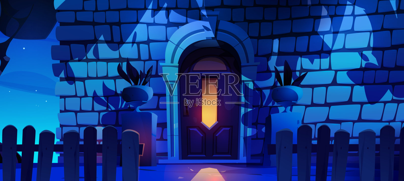 砖墙的房子，晚上有门。插画图片素材