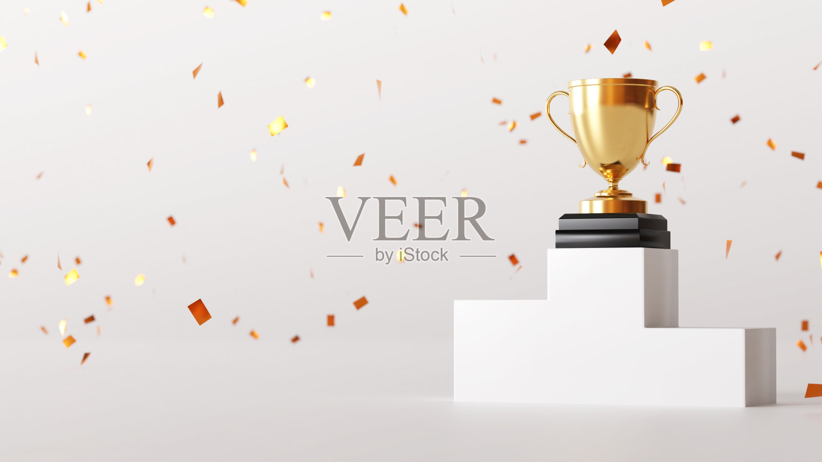 金色五彩纸屑和3D奖杯，领奖台照片摄影图片