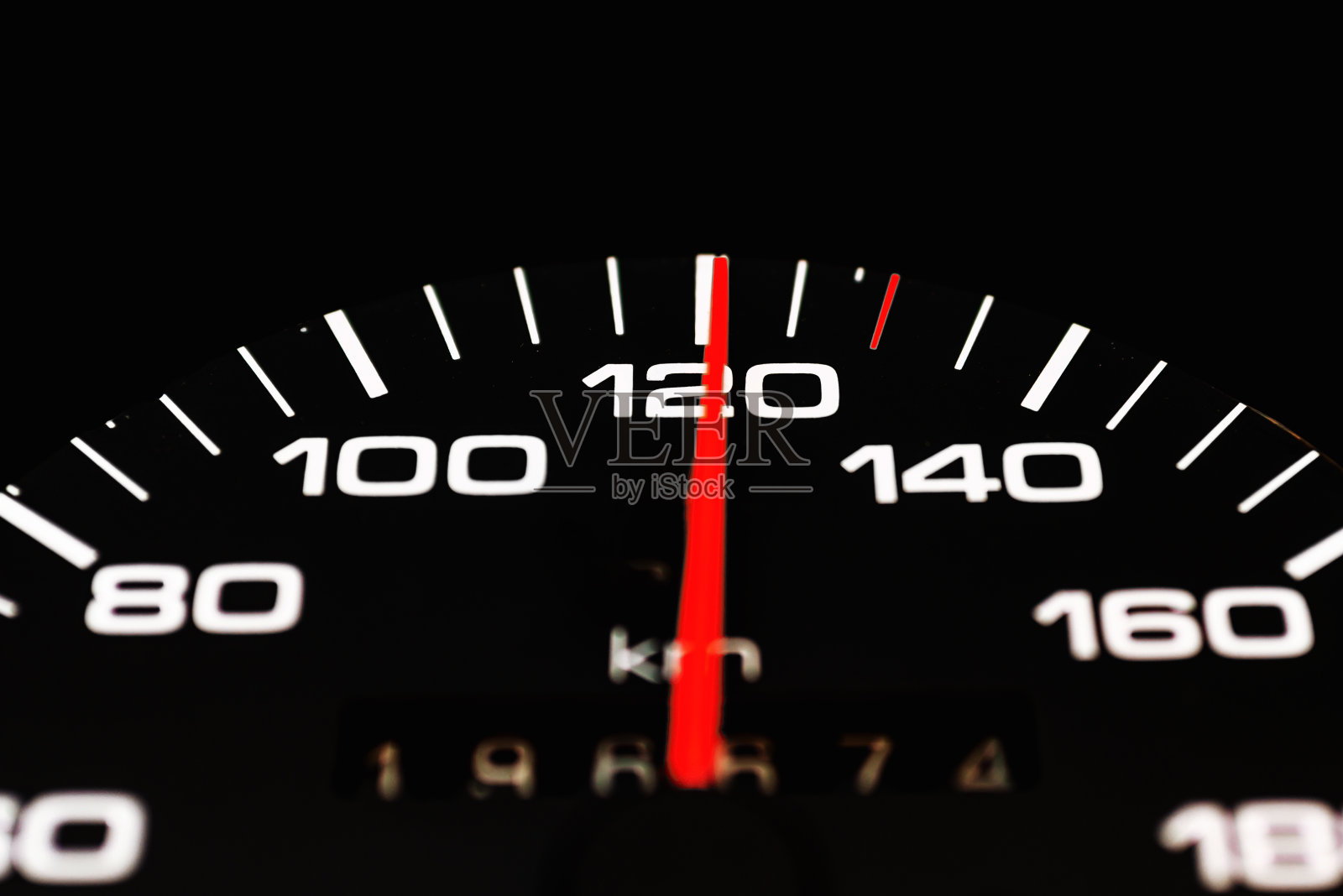 汽车速度计的指针在黑底指向高速，速度计的红色箭头表示超速，超速或粗心驾驶概念的概念图像。特写。照片摄影图片