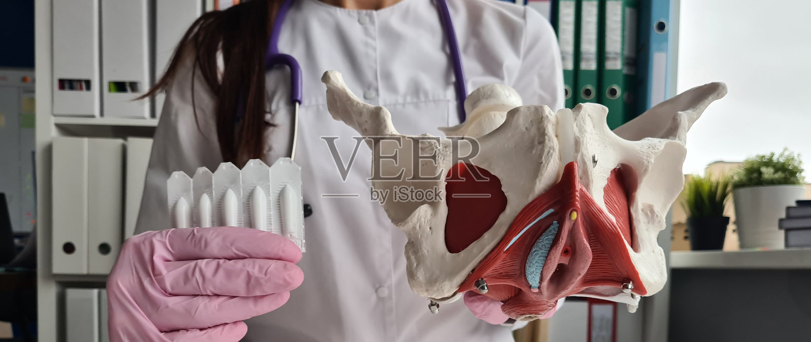 妇科医生展示女性骨盆和栓剂的骨骼特写照片摄影图片