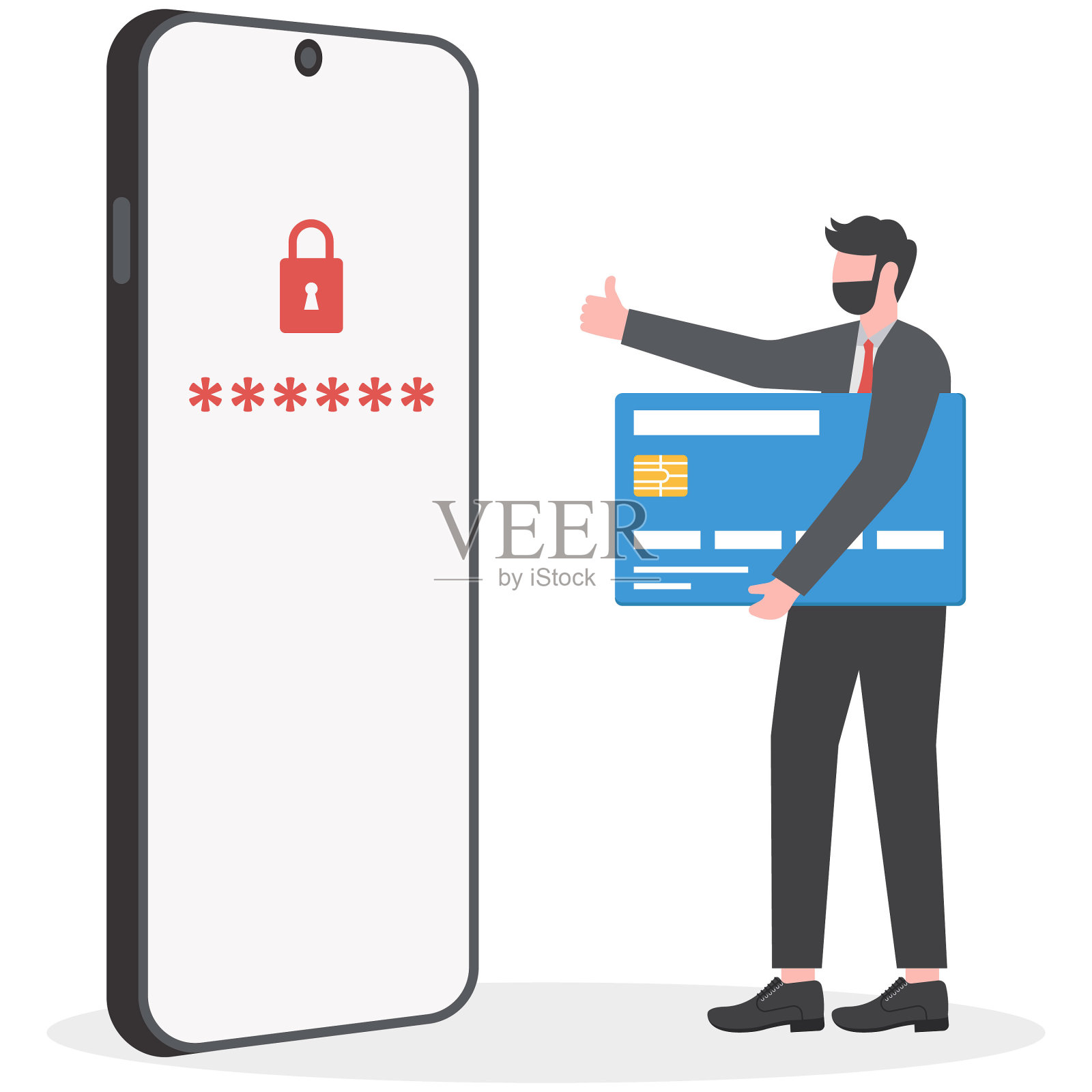 在线支付保护。商家使用人脸身份认证安全解锁手机，进行网上交易插画图片素材