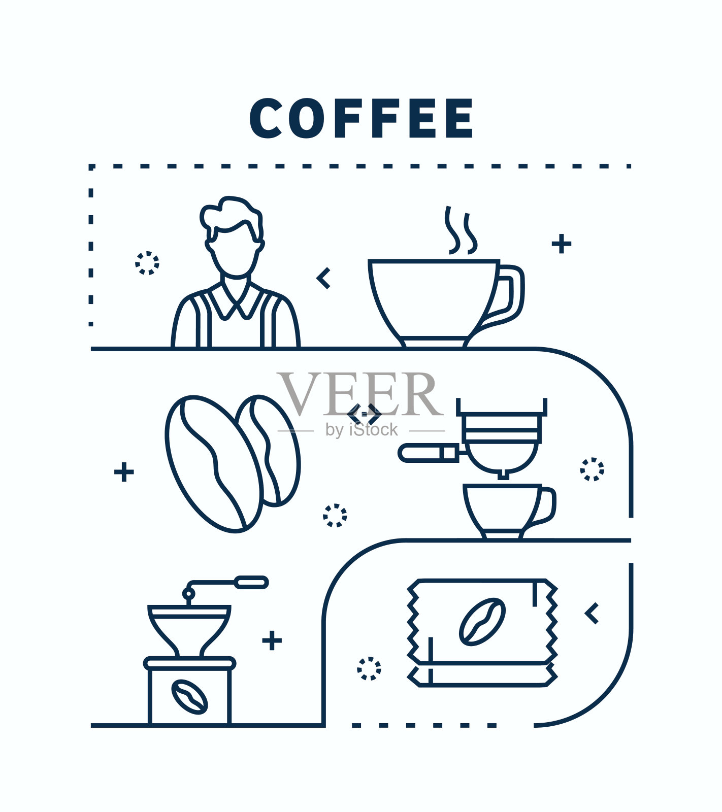 咖啡相关的矢量横幅设计概念。全局多球体随时可用的模板。网页横幅，网站标题，杂志，移动应用程序等。现代设计。插画图片素材