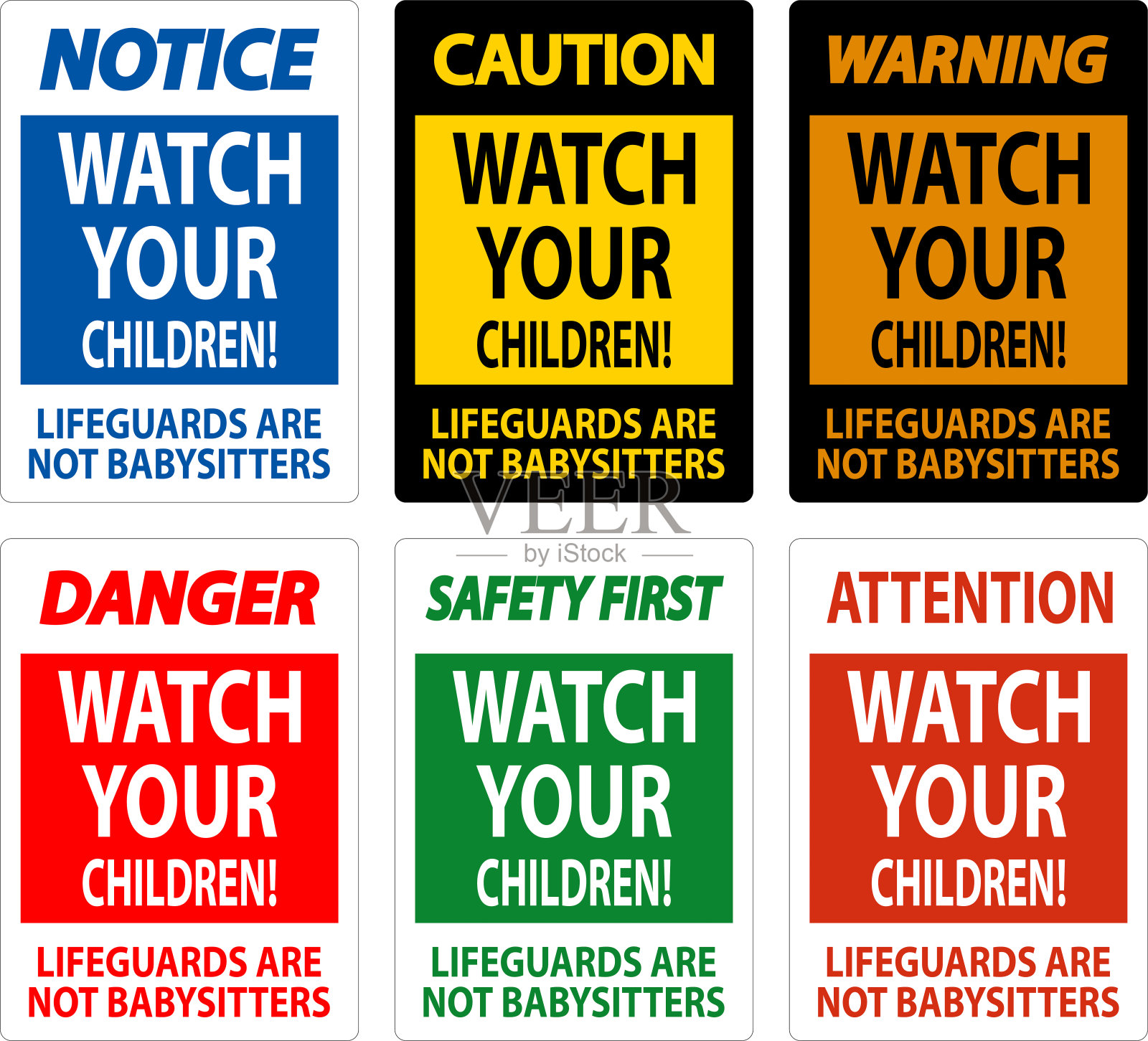 泳池安全标志注意-注意你的孩子救生员不是保姆插画图片素材