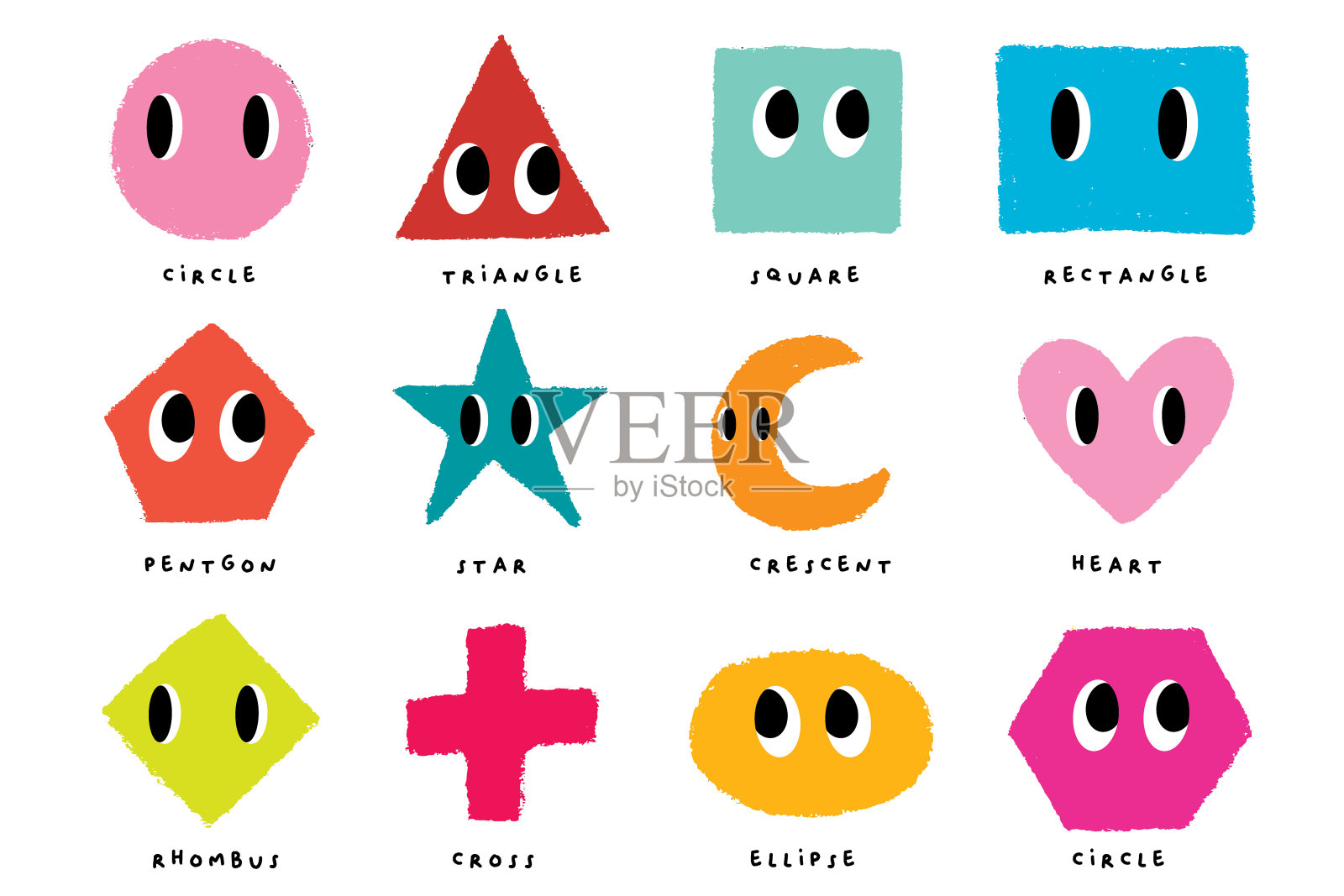 蜡笔手绘圆形、方形、三角形设计元素集。颜色像儿童风格有趣的复制空间。粉彩粉笔或铅笔框架，矢量背景，几何形状插画图片素材