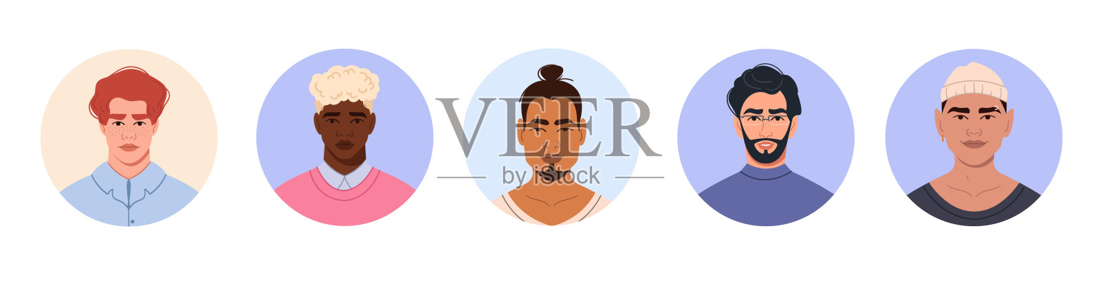 圆形框架中的男性角色。有头像的圆圈，年轻人的脸插画图片素材