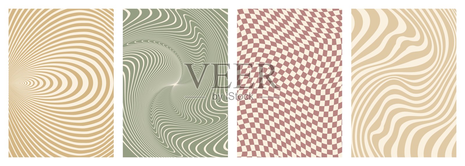 扭曲和扭曲的矢量groovy嬉皮士背景。波浪，漩涡，旋转的图案。一套时尚复古迷幻风格的背景。矢量图插画图片素材