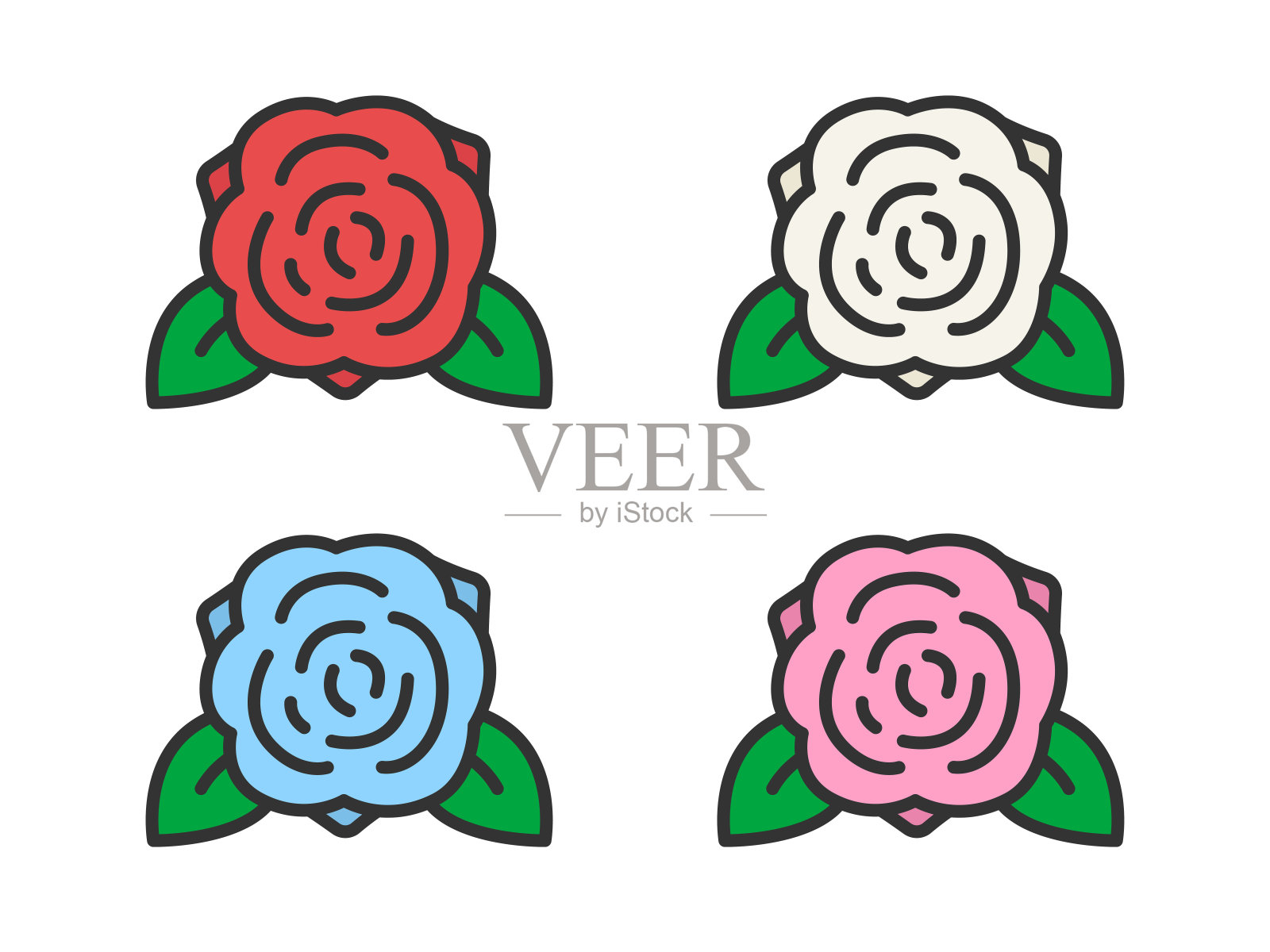 插图玫瑰花图标(彩色线条画)在各种颜色。插画图片素材