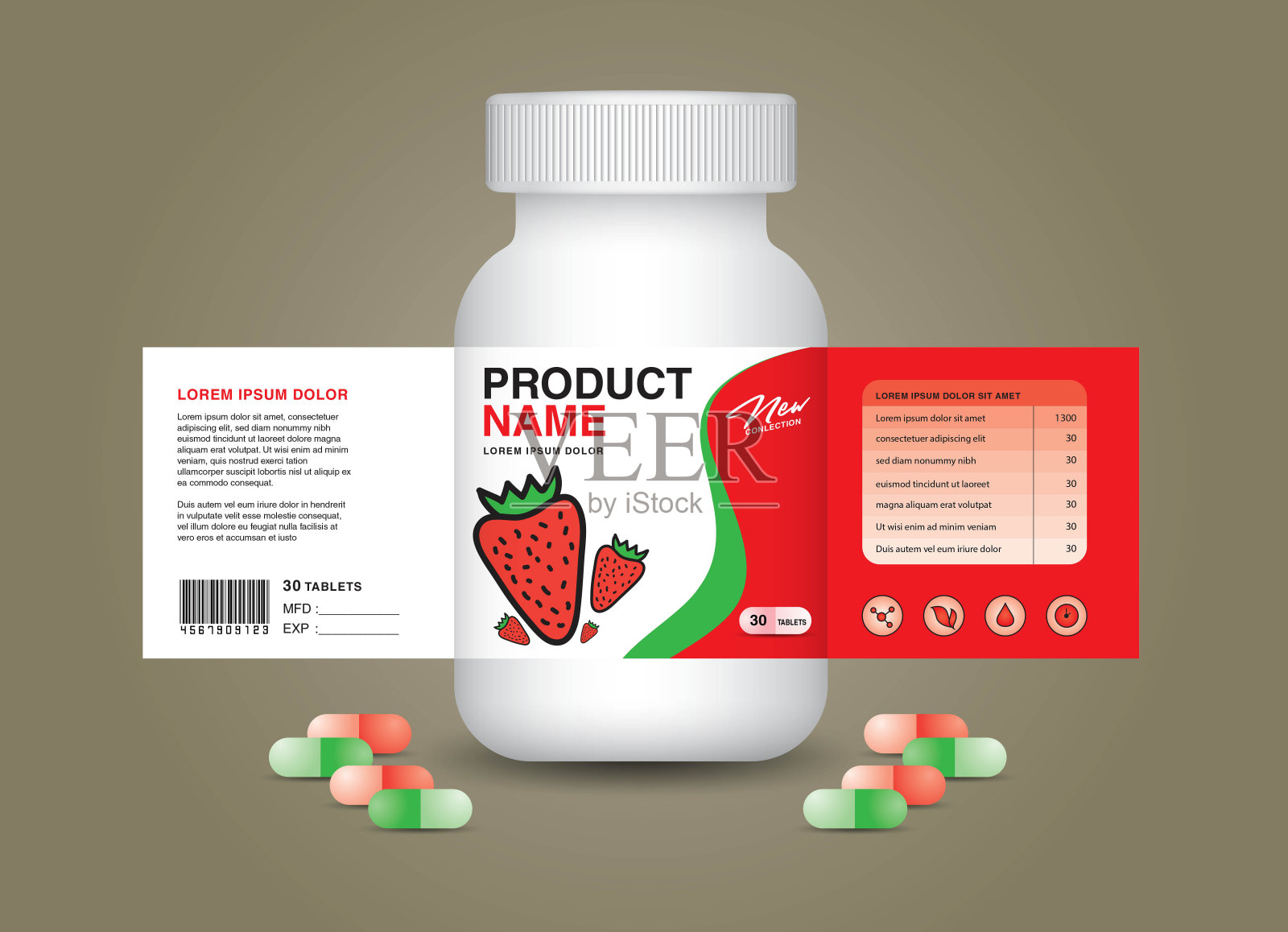 草莓补充瓶包装，化妆品包装。产品设计。美容标签，三维补充瓶矢量，三维白色塑料丸盒，白色医药容器。保健瓶，载体插画图片素材