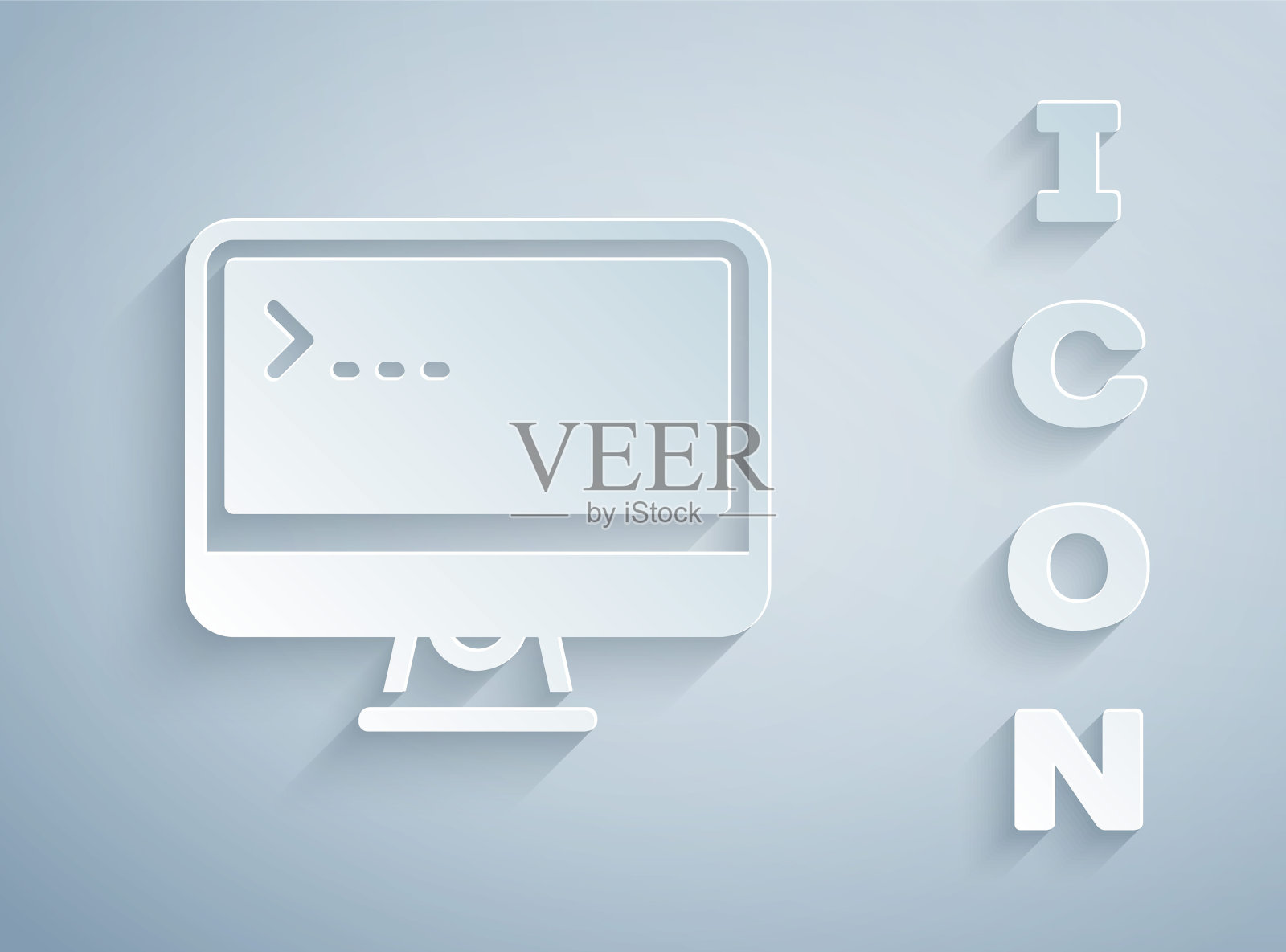 剪纸电脑显示器屏幕图标孤立在灰色背景。电子装置。前视图。纸艺风格。向量插画图片素材