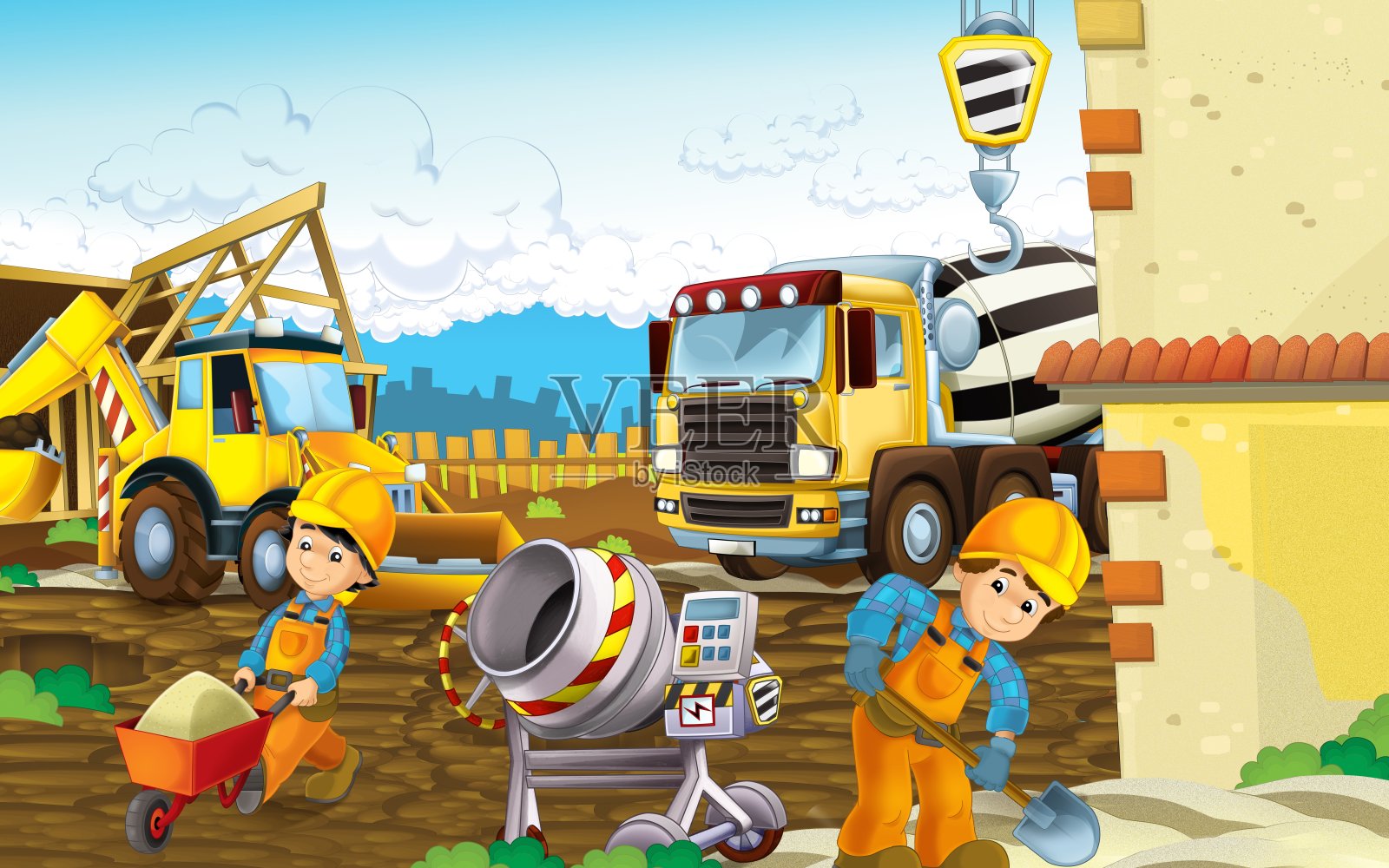 卡通场景，工业建设现场，齿轮或儿童交通插图插画图片素材