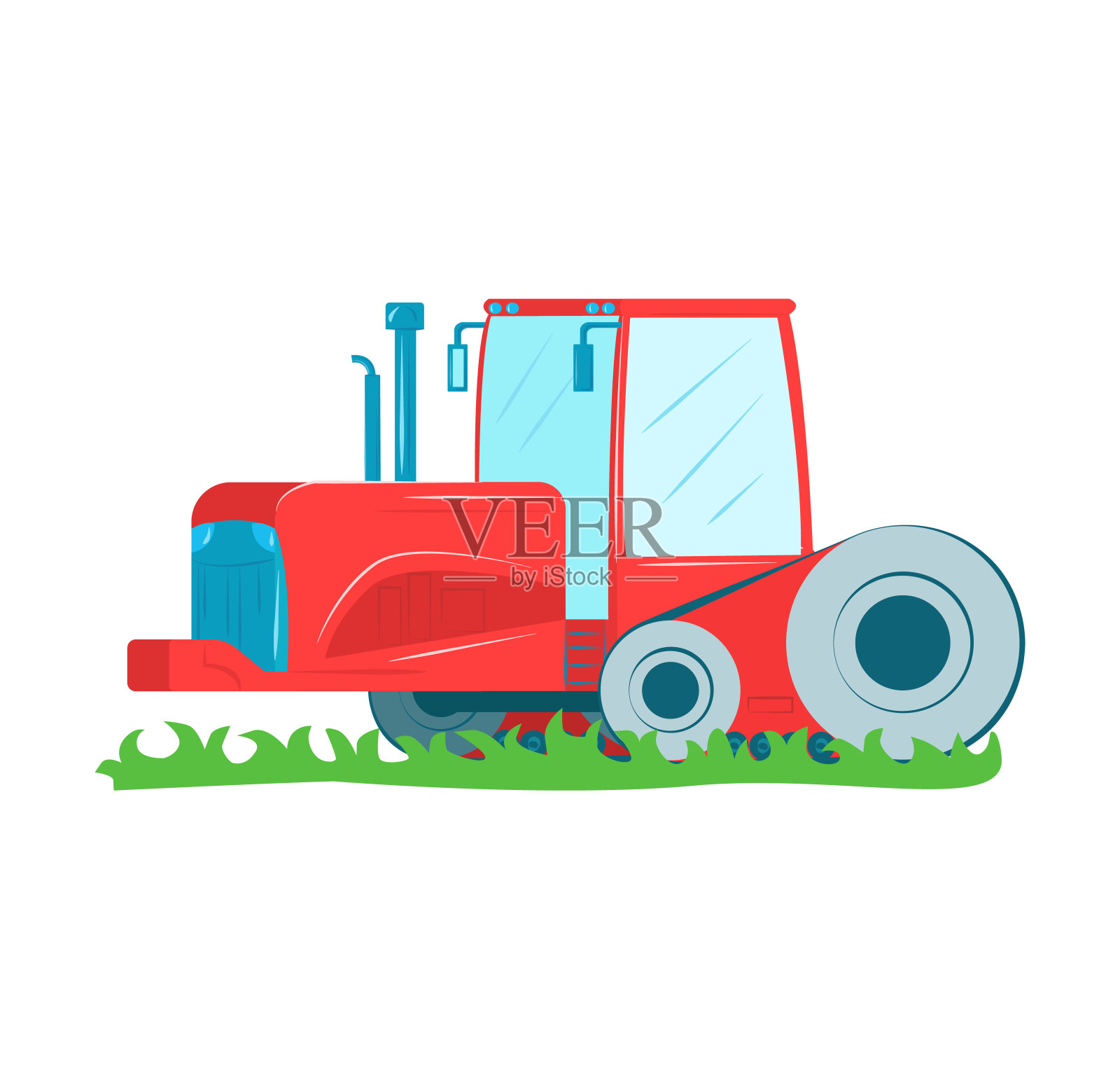 绿色草地上的红色联合收割机。用于农作物收割的耕作和农业机械。平面农业设备矢量插图插画图片素材