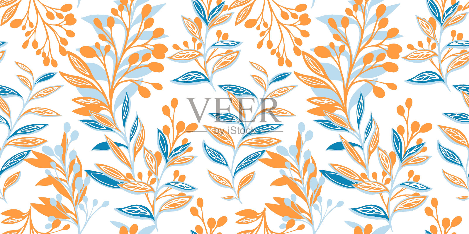 无缝图案抽象，艺术，风格化的叶子，树枝，浆果。彩色创意花茎背景。矢量手绘。设计模板插画图片素材