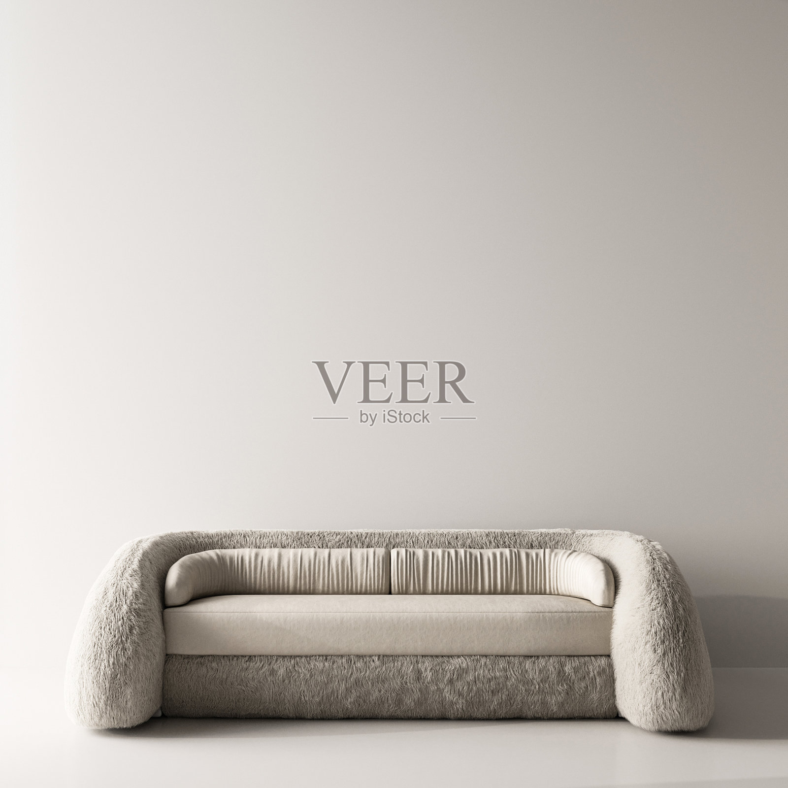 概念复古室内工作室房间与皮毛灰色沙发。暖色柔和的创意构图。空背景模型。3 d渲染。高质量3d插图照片摄影图片