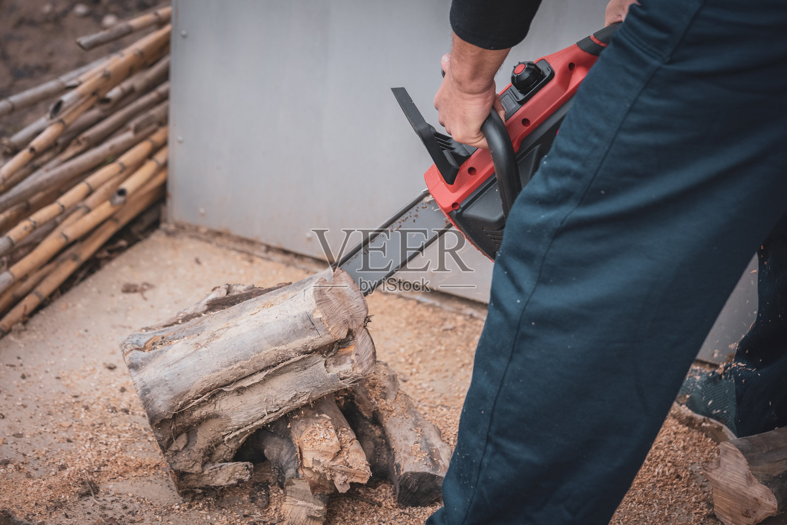 特写:一个农民正在砍倒的树照片摄影图片